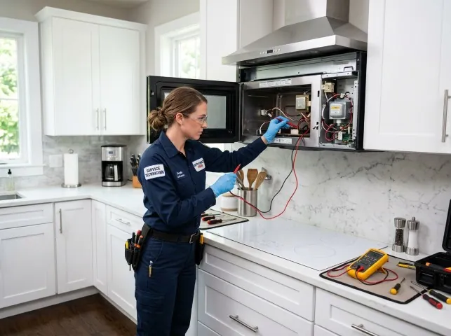 Appliance Repair Hero technician testing an over-the-range microwave in a Arlington, SD kitchen